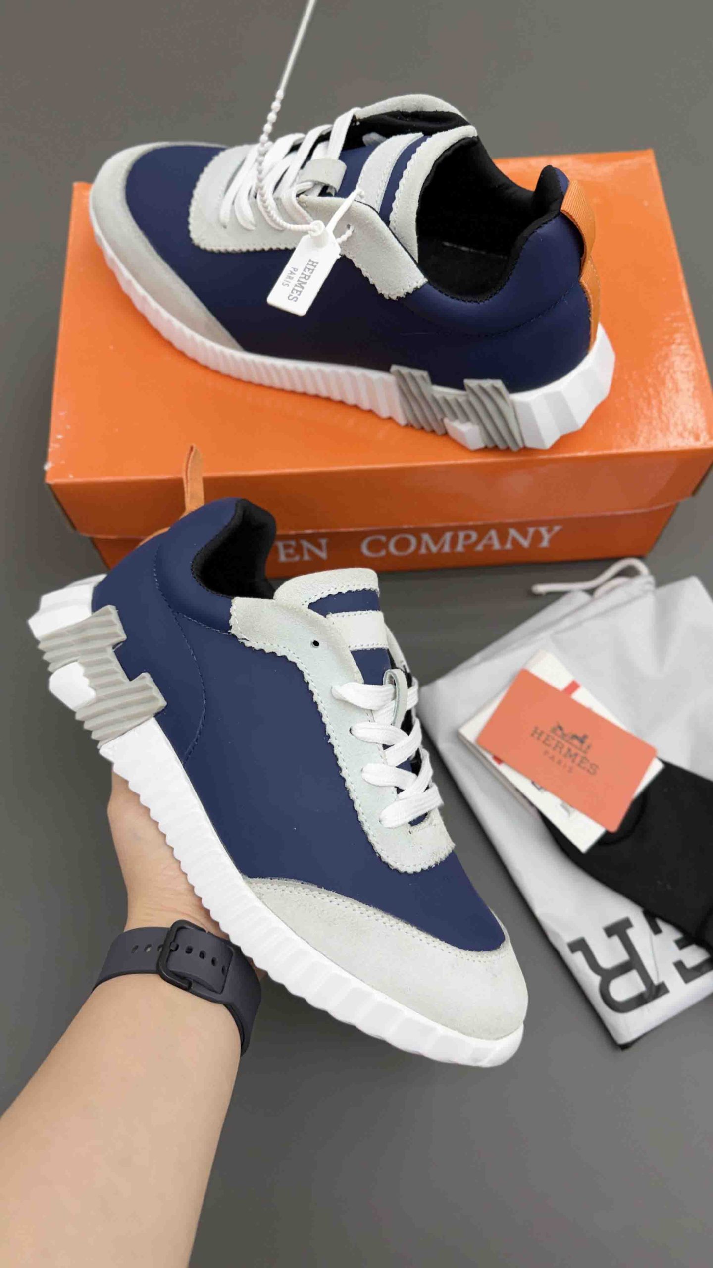 hermes-bounce-style-navy-blue-grey-sneakers کتونی بونس هرمس